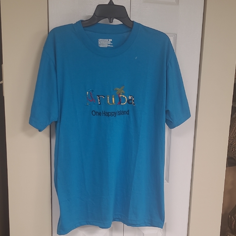 Blue Aruba Embroidered "One Happy‎ Island" graphic T